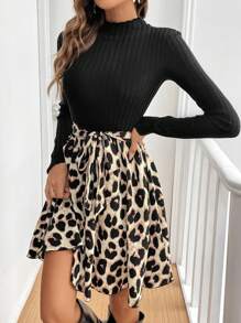 SHEIN Frenchy 1 件女式纯色拼接立领长袖前系带简约短裙