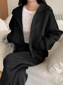 DAZY 女士两件套：前拉链长袖抓绒连帽衫和长裤，纯色，秋冬季女士运动套装家居服套装