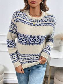 Chiquease 女式圆领长袖图案细节休闲套头毛衣 - 彩色 - 查看 4