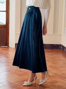 ZEYLAH 天鹅绒链条腰喇叭裙 - 水鴨藍 - 查看 7