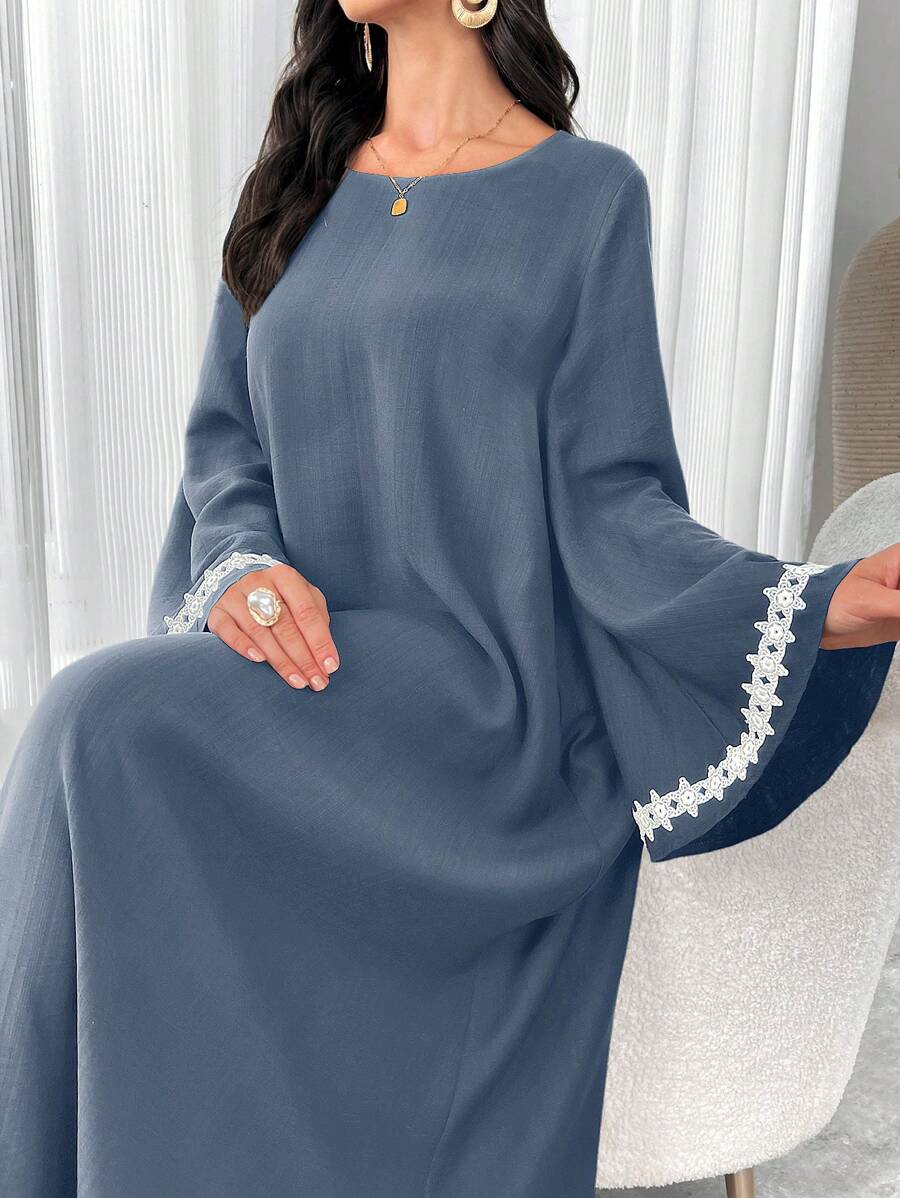 Al Najma 女士拼布缎带喇叭袖长款宽松土耳其连衣裙、卡夫坦和贾拉比亚长袍端庄连衣裙阿拉伯连衣裙