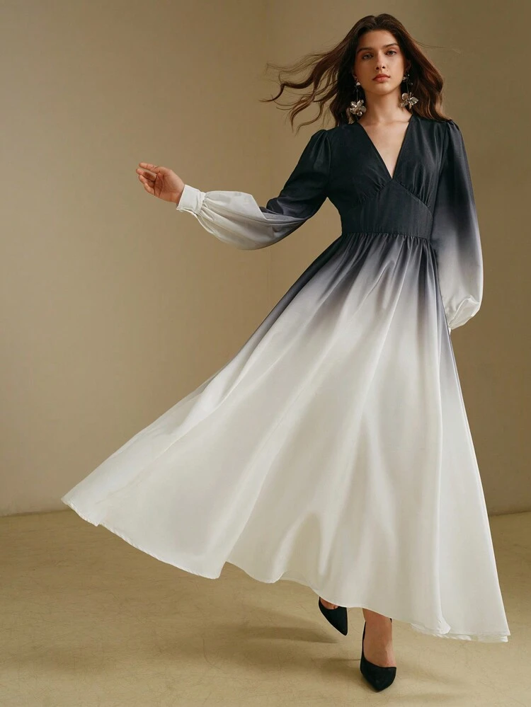 Women Elegant Gradient Lantern Sleeve Flare Hem Dress