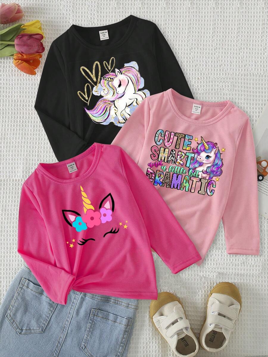 SHEIN 3pcs/Set Girls Toddler Casual Cute Unicorn Slogan Graphic Print Round Neck Basic Long Sleeve T-Shirts, Fashion Layering Tops For Autumn/Winter