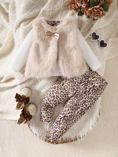SHEIN 3Pcs/Set Baby Girl Warm Cute Elegant Set, Fluffy Furry Bow Decor Vest Jacket, White Long Sleeve Top And Leopard Print Leggings Matching Outfits, Suitable For Autumn/Winter