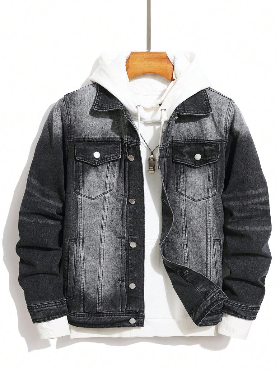 Manfinity Homme 男士渐变色前扣休闲长袖牛仔夹克 - 灰色 - 查看 1