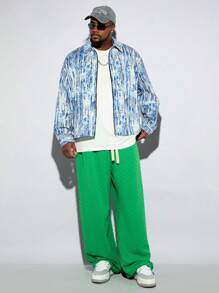 Manfinity NXTstreet Pantalón de chándal holgado con patrón de rombos tejido para hombre de talla grande, pantalón de chándal verde de moda para salir, liso y ancho con cordón, regalo para esposo o novio