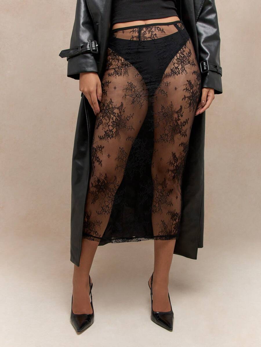 MISSGUIDED Sheer Lace Pencil Midi Skirt With Back Slit - Black - View 1