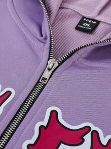 Manfinity EMRG Plus Size Men's Autumn/Winter Letter & Star Print Hooded Zip-Up Sweatshirt