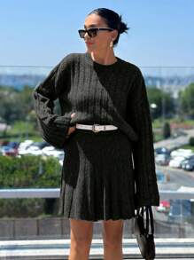 SHEIN Cottnline Pleated Skirt And Rib Pattern Sweater 2 Pcs Set - Black - View 5