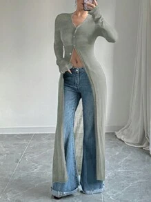 Chiquease Semi-Sheer Long Knitted Cardigan, Versatile And - Khaki - View 7