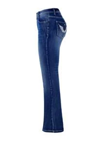 Women's Embroidered Denim Flare Pants With Pockets - 深色水洗藍 - 查看 6