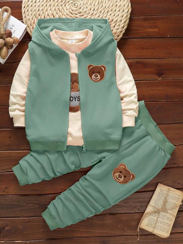 SHEIN Set de 3 sudaderas con capucha informales con diseño de oso para niños pequeños, otoño