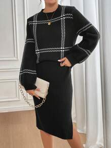 SHEIN Clasi Bộ đồ len dệt kim hai mảnh thanh lịch hàng ngày màu đen dành cho nữ, trang phục công sở, váy dự tiệc cưới mùa thu, - Đen và trắng - Xem 5