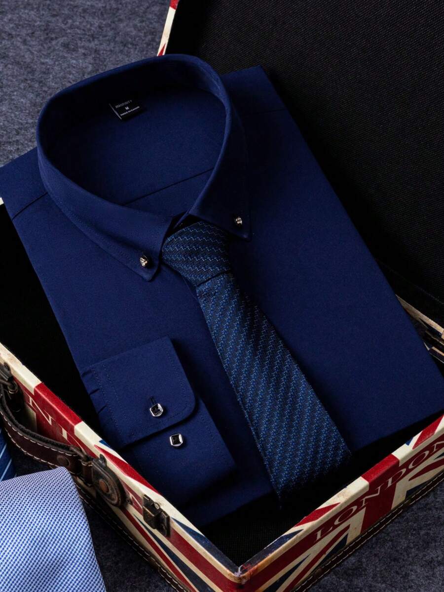 Manfinity Mode Men's Plain Front Button Long Sleeve Casual Shirt, For Fall - Navy Blue - View 1