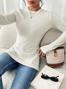 SHEIN Frenchy 女士纯色圆领长袖休闲 T 恤 - 杏色 - 查看 4