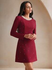 Anewsta Rhinestone & Pearl Decor Women Round Neck Long Sleeve Waisted Slimming Elegant Dress, Suitable For Autumn/Winter/Christmas Burgundy Color Women Outfit - Burgundy - View 3