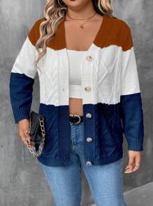 SHEIN LUNE 大码休闲日常穿着宽松前开撞色开衫，秋冬 - 棕色 - 查看 7