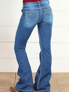 Women's Casual Multi-Button Stretchy Fitted Flared Jeans - Light Wash - View 2