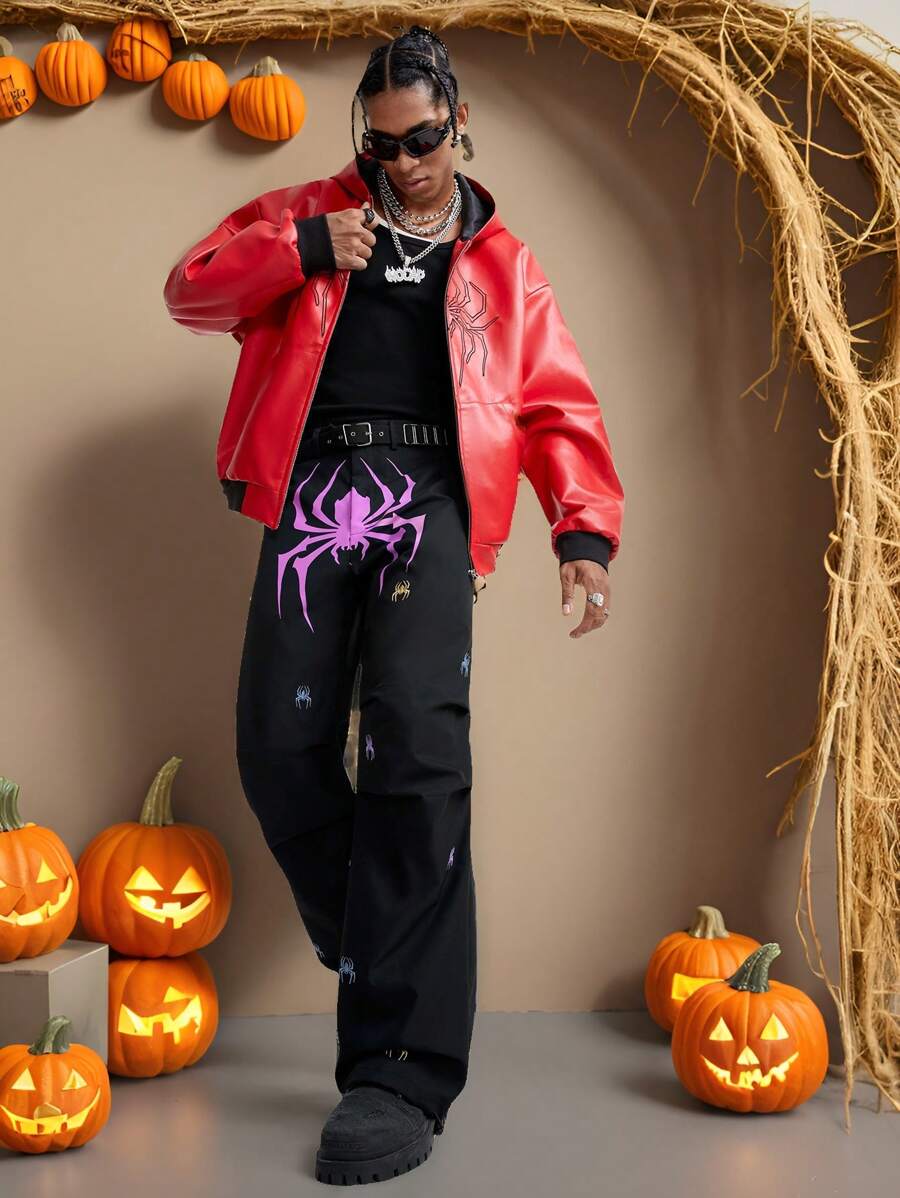 Manfinity VCAY Men's Spider Print Casual Loose Straight Leg Woven Pants - Black - View 1