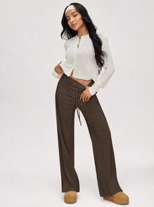 SHEIN BASICS 女士休闲纯色针织喇叭袖上衣 - 棕色 - 查看 4