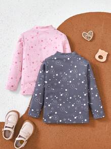 We Bare Bears X SHEIN Young Girl 2pcs Cartoon Bear Print Pink & Grey Mock Neck Long Sleeve T-Shirt - Multicolor - View 2