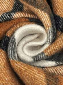 SHEIN LUNE Đầm ngắn thường ngày kẻ caro tay dài cài nút phía trước cỡ lớn - Màu Khaki - Xem 5