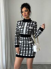 Váy len dáng ôm cổ tròn tay dài họa tiết răng sói thanh lịch dành cho nữ, mùa thu/đông - Nhiều màu - Xem 3