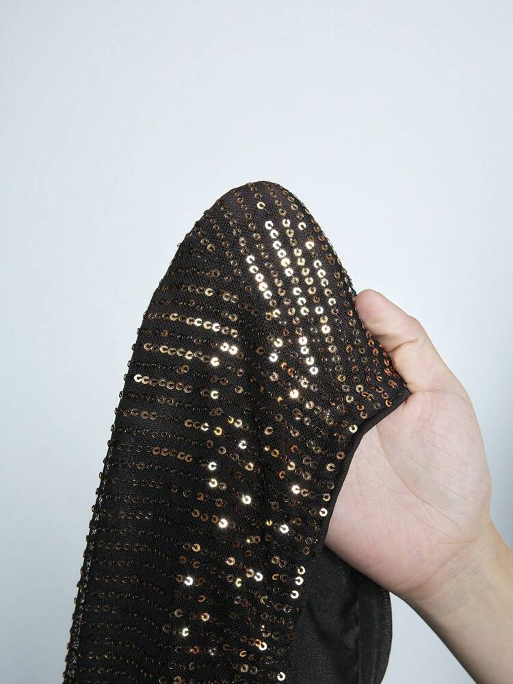 SHEIN Maija 女性用洗練されたファッションの万能スカート、ライトゴールドのスパンコール付き、ウエスト部分はelastic、サイドにhidden zipperがあり、休暇やパーティに適しています