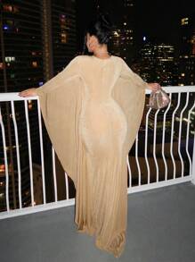 SHEIN SXY 女士性感裸色紧身圆领长袖迷你连衣裙，适合夜店派对，秋冬季