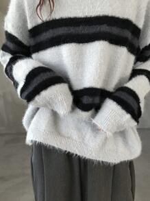 FRIFUL Women Striped Colorblock Gradient Loose Knit Sweater,Fall Women Clothes - Grey - View 2