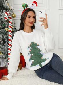 SHEIN LUNE 女士休闲圣诞树亮片宽松长袖毛衣，秋冬针织套头衫 - 杏色 - 查看 5