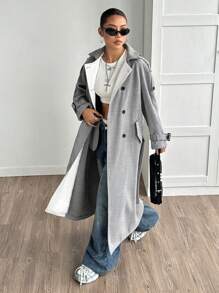 SHEIN Unity 女士休闲百搭拼色超长仿羊绒大衣，灰色 - 灰色 - 查看 3