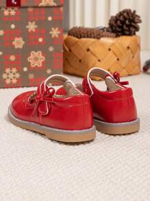 Zapatos de tipo Mary Jane con moño para niñas en Navidad, bailarinas suaves y cómodas para niños