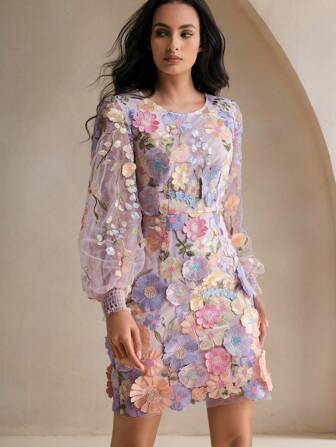 Anewsta Elegant Round Neck Lantern Sleeve Floral Embroidery Mesh Dress, Autumn