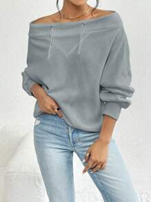 SHEIN Privé Áo nỉ hở vai tay cánh dơi có dây rút, áo dài tay - Màu Xám nhạt - Xem 6