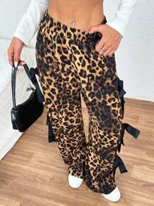 Chiquease Pantalon large décontracté et chic pour femmes avec taille élastique, imprimé léopard et décoration de nœud papillon sur le côté - Multicolore - Voir 2