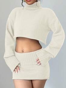 SHEIN Unity 2pcs/Set Solid Color Turtleneck Cropped Long Sleeve Top And Elastic Waist Skirt Sweater Set - Apricot - View 3