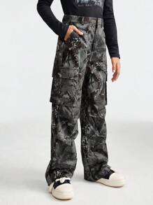 SHEIN Tween Girls Fall/Winter Rapper Grunge Camo Graphics Cargo Pants For Halloween Outfits - Multicolor - View 4