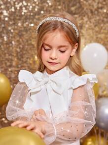 年轻女孩可爱盖袖闪亮网眼袖 3D 大蝴蝶结装饰 A 字裙，适合秋冬季，适合圣诞节、派对装、生日礼服、公主裙，白色 - 白色 - 查看 7