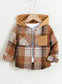 SHEIN Young Boy Plaid Pocket Single-Breasted Hooded Casual Jacket, Spring Autumn - Brown - View 1