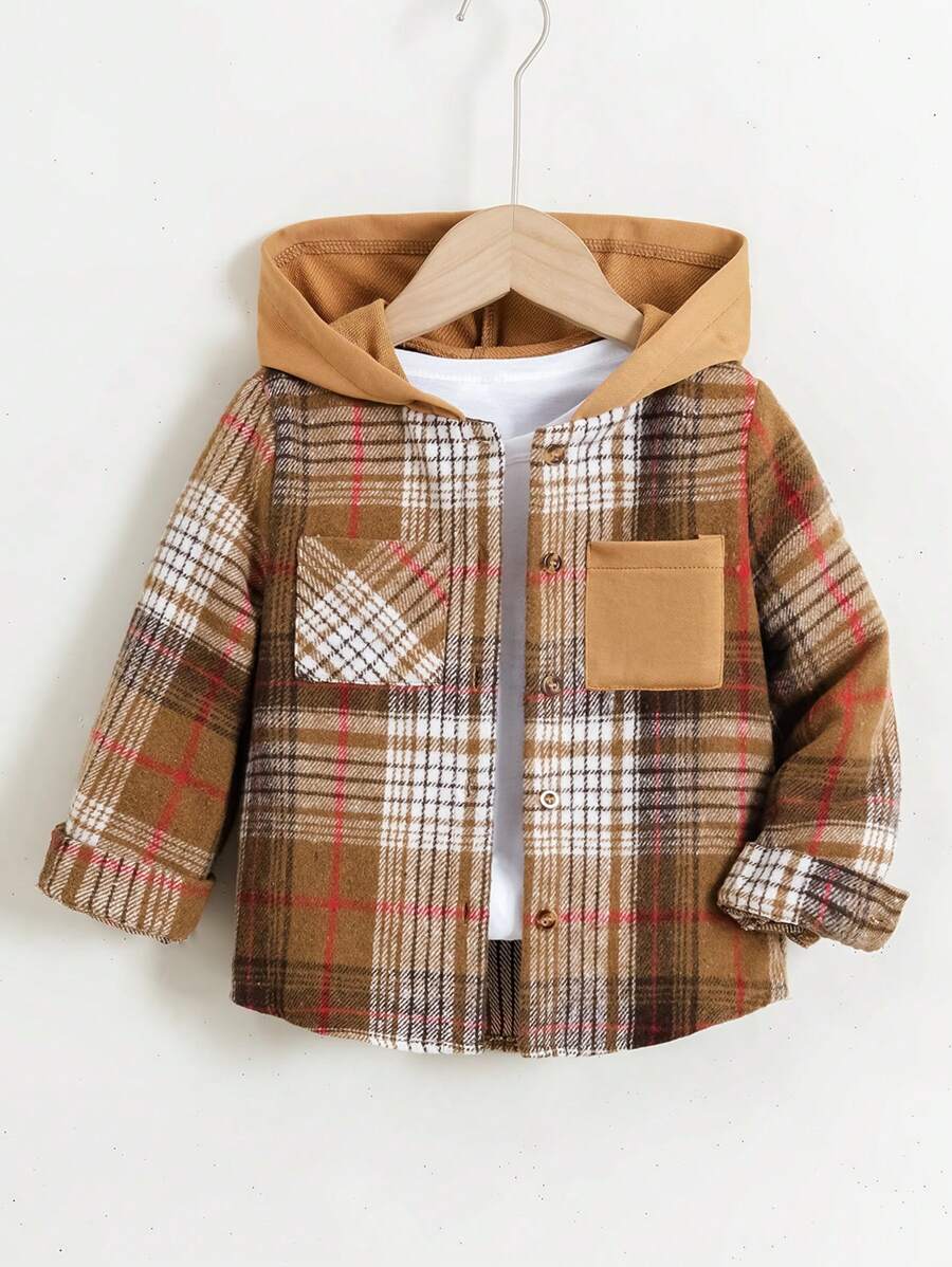 SHEIN Young Boy Plaid Pocket Single-Breasted Hooded Casual Jacket, Spring Autumn - Brown - View 1