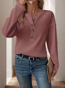 SHEIN LUNE 女式纽扣前华夫格针织长袖 T 恤，白色，秋季 - 紅木色 - 查看 1