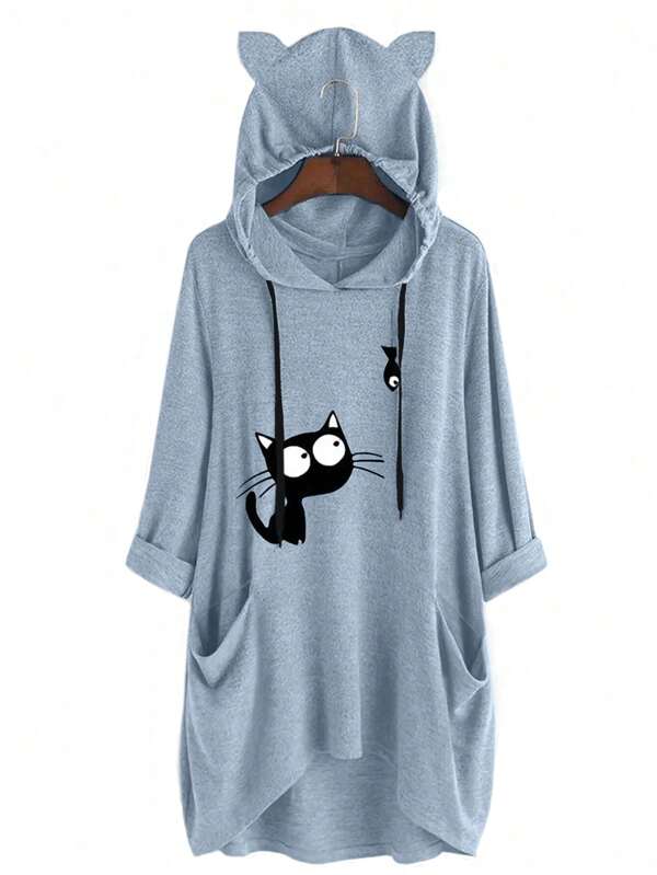INAWLY Plus Size Casual Cat Print Hooded Long Sleeve T-Shirt Graphic Tees Women Tops For Spring