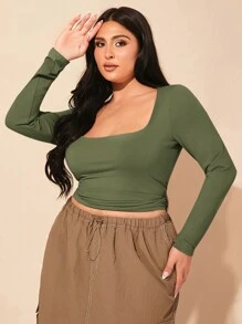 SHEIN BAE 加大码秋季方领褶皱针织紧身长袖 T 恤，优雅百搭通勤上衣