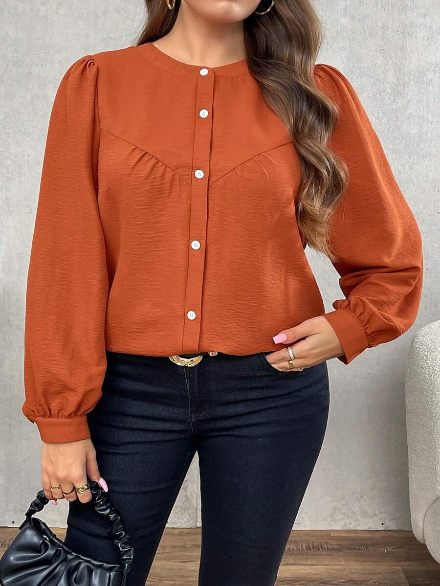 SHEIN LUNE 大码纯色前扣长袖简约衬衫，休闲日常穿着 - 紅木色 - 查看 1