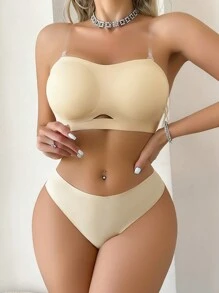 2pcs Lingerie Set, Seamless Backless & Strapless Bra + Simple String Panty - Apricot - View 4