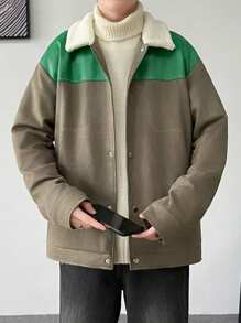 Manfinity Hypemode Men's Casual Color Block Fluffy Collar Jacket, Autumn/Winter