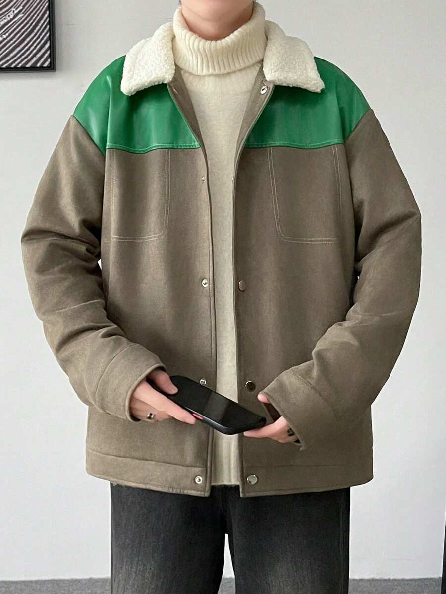 Manfinity Hypemode Men's Casual Color Block Fluffy Collar Jacket, Autumn/Winter