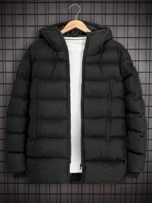 RueChic Men Zip Up Drawstring Hooded Puffer Coat - Black - View 2