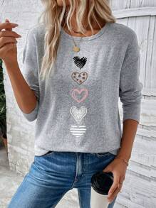 EMERY ROSE Damen lässiges Langarm-T-Shirt mit Herz-Muster, Grafik-Oberteile für Damen mit Herzmotiv für Frühlingslook
